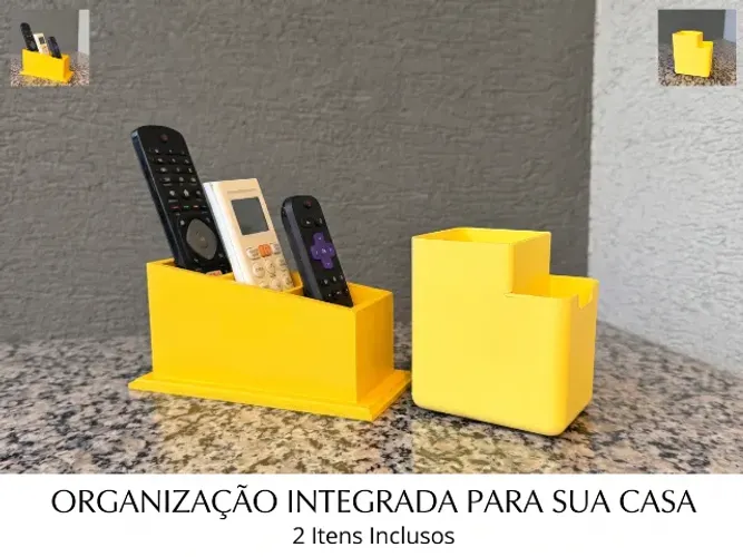 Kit Organizador Porta-Controle Remoto em Madeira e Porta-Escovas Porta-Esponjas Amarelo