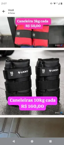 Caneleira 3kg cada e 10kg cada, bola de 3kg, halteres 2kg cada