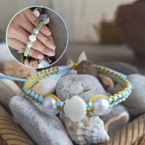 Pulseira macrame animais marinhos e pérolas 