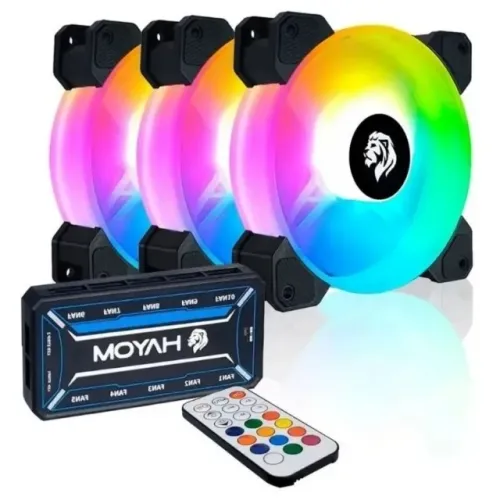 Kit 3 Fan Gamer ARGB Led HAYOM 120mm, Led ARGB 12v. 6 Pinos com Controladora e Controle