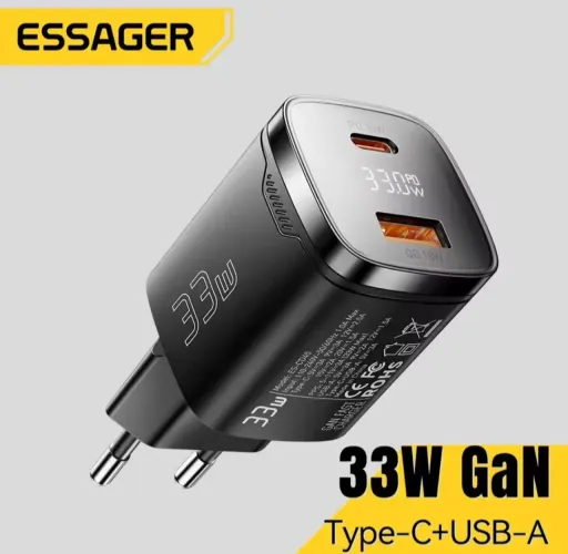 Carregador Essager Turbo Gan 33w Com Display Usb A + Tipo C Preto
