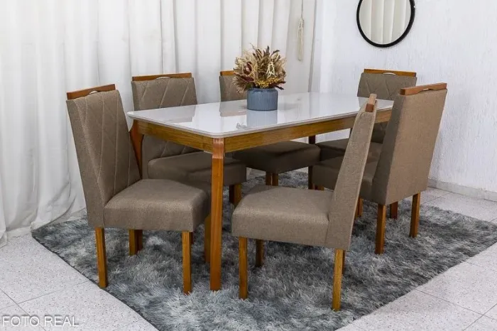 Mesa de Jantar 160x80 Tampo Off 6 Cadeiras Linho Cappuccino