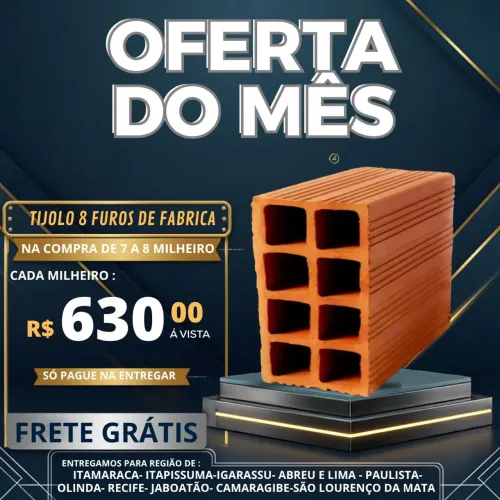 Tijolo de fábrica 8 furos Tipo A promoção do mês carrada com 7 a 8 milheiro