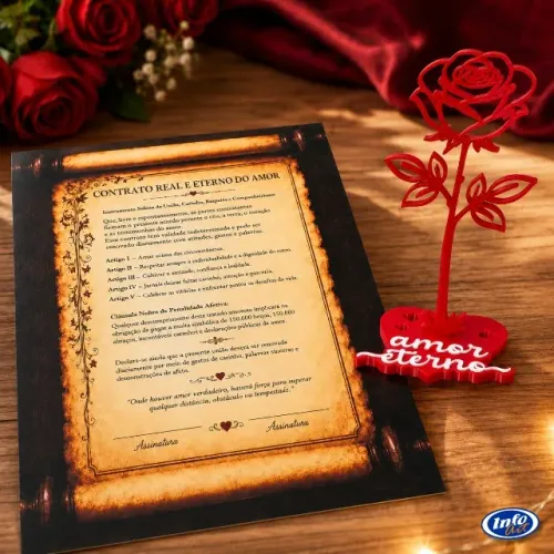 Contrato do Amor Eterno + Rosa 3D Personalizada | Presente Namorados, Casais e Casamento
