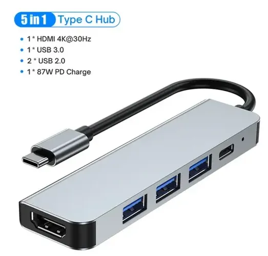 Hub USB-C 5 em 1 Adaptador Tipo C HDMI 4K PD USB 3.0 (Mobilador)