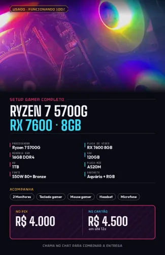 PC GAMER Ryzen 7 5700G + RX 7600 8GB + SETUP COMPLETO