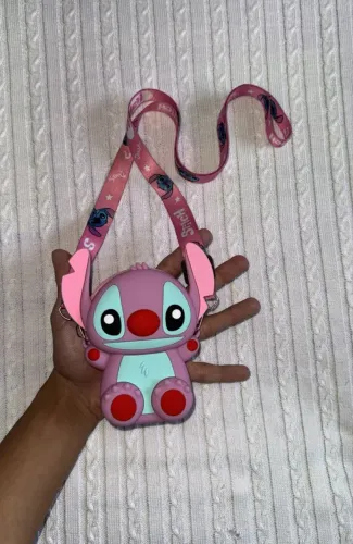 Bolsa de silicone infantil Stitch Rosa com Alça Personalizada
