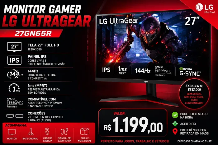 Monitor Gamer LG UltraGear 27? IPS 144Hz - 27GN65R | Excelente Estado