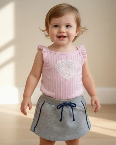 Conjunto Infantil Feminino Rosa com Short Saia Cinza para Bebê