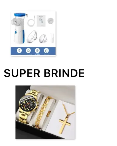 Inalador portátil com 2 máscaras + Kit relógio dourado de brinde