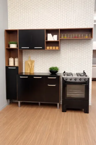 Armário de Cozinha Compacta NOVO Madeirado/Preto PROMOÇÃO