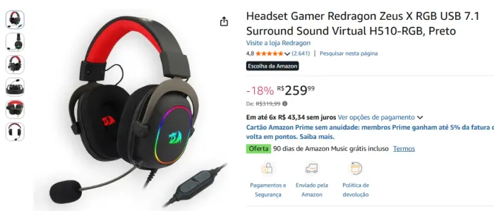 Headset Gamer Redragon Zeus X RGB USB 7.1 Surround Sound Virtual H510-RGB, Preto