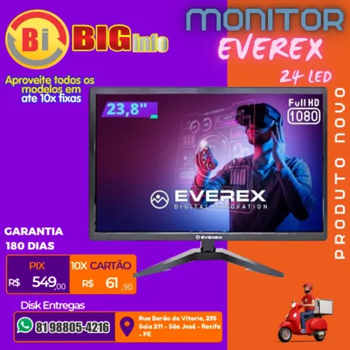 Monitor Led 24 Ultra 1920x1080 Widescreen 75hz Hdmi Vga Cor EVEREX - Em ate 10x Fixas 