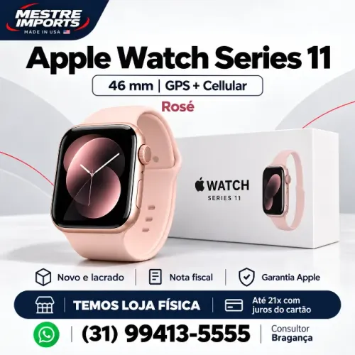 Apple Watch Series 11 de 46 mm, na cor rosé. Modelo GPS e Cellular.