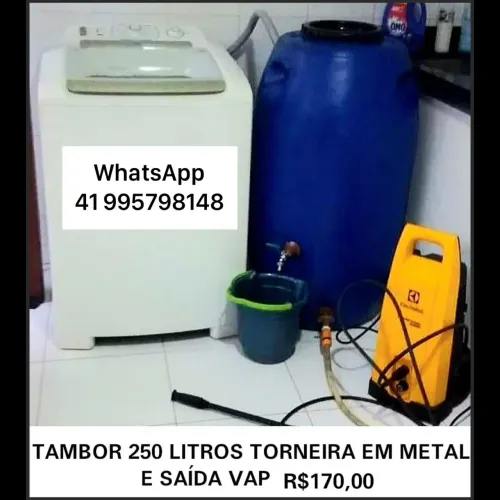 Tambor 250 litros com torneira de metal e registro, bombona lavada