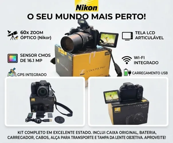Excelente Câmera Nikon P600 com 60X + WIFI + GPS + Acessórios.