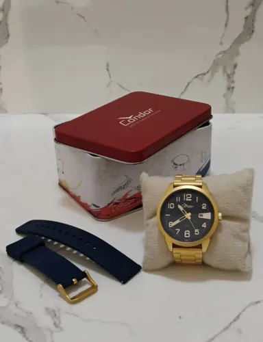 Relógio Condor (MSCOA16) Troca Pulseira Dourada e Silicone Azul 3 ATM