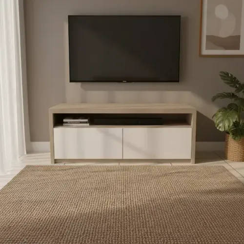 Rack para TV Moderno - 2 Portas Brancas Grandes e Amadeirado - Valor de Oportunidade