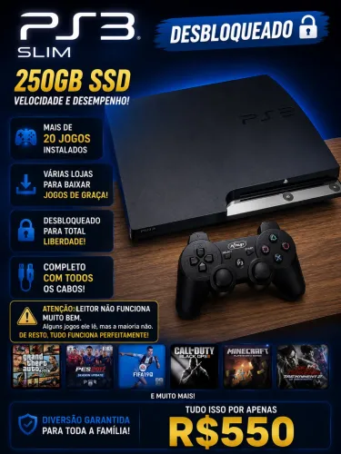 Ps3 slim desbloqueado 250 gigas ssd 