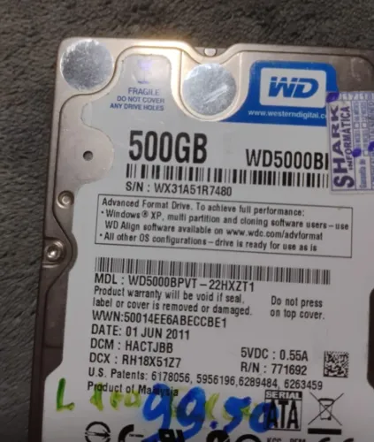 HD SATA de Notebook 500gb WesternDigital (Só Venda)