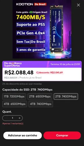 SSD NMVE PCIe Gen 4 2tb 7400MB/S