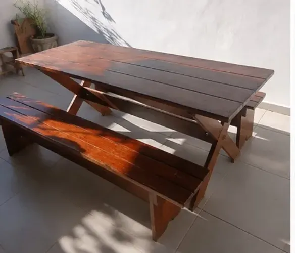 Mesa de Madeira com 2 Bancos para Área Gourmet