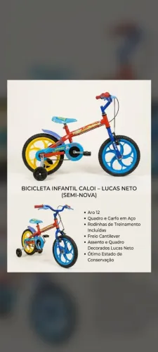 Bicicleta Caloi Lucas Neto aro 12, semi-nova, com rodinhas. Retire ainda hoje!<br>