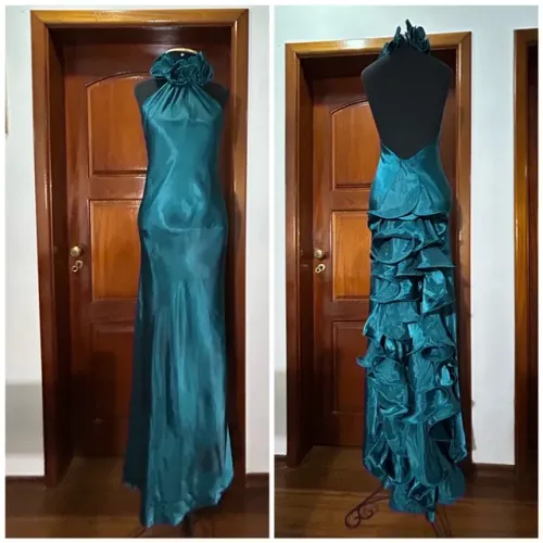 Vestido TAM P/M verde azul petróleo Gola Costas abertas