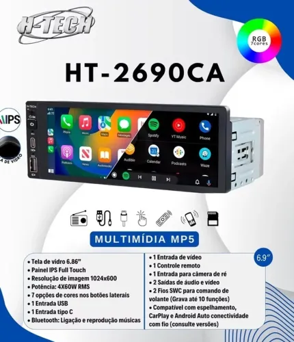 Multimídia 1din H-tech Ht-2690ca Espelhamento Sem Fio