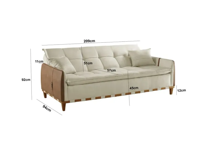 Sofá cama linho e courino nas laterais 