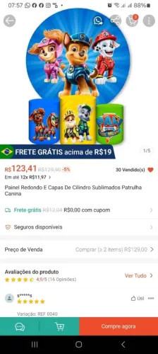 VENDO 3 CAPAS CILINDRO UMA DE PAINEL TEMA PATRULHA CANINA