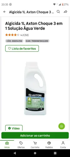 Algicida para piscina 1L Axton Choque 3 em 1 Solução Água Verde