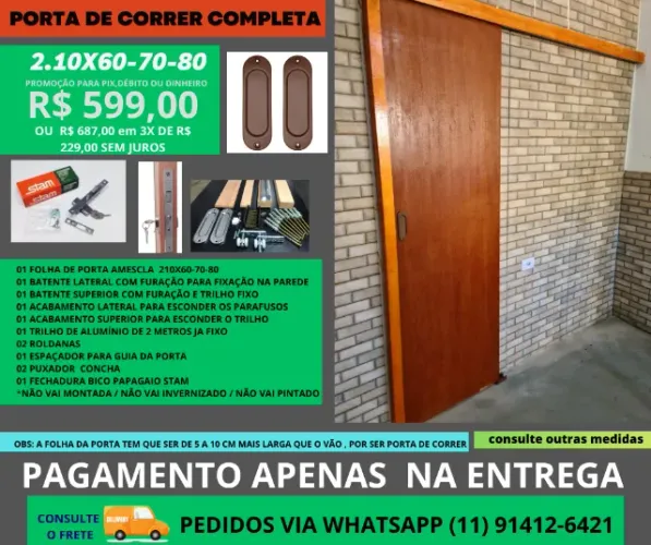 Porta interna correr com fechadura  e batente de 4cm 2.10x72  - frete a/c