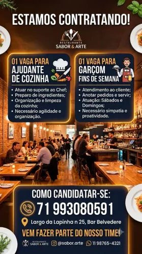 01 vaga para ajudante 01 vaga para garçom finais de semana