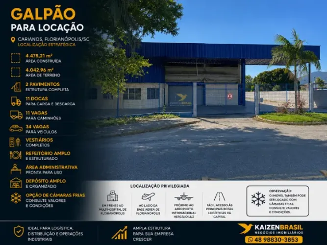 Galpão Industrial para Aluguel | 4.475,21 m² | Carianos | Florianópolis/SC