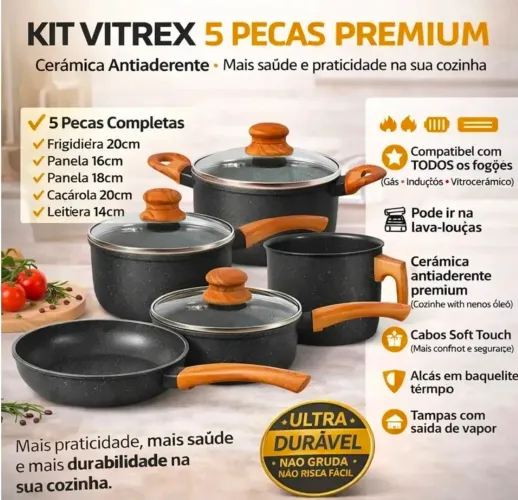 Jogo De Panelas Cerâmico Triplo Indução Vitrex Ecoglid 5 Peças Cor Preto Granito