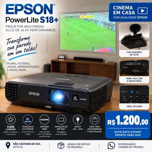 Projetor Epson PowerLite S18+ - Transforme sua parede em um telão!