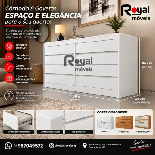 Cômoda 1.53M C/8Gavetas 100%MDF Bordas Arredondadas. Produtos Novos Direto de Fábrica.