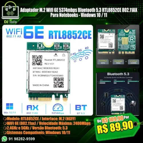 Adaptador M.2 Wifi 6E 5374mbps Bluetooth 5.3 RTL8852CE 802.11AX