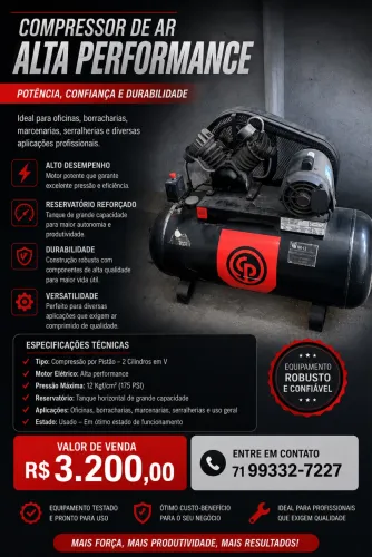 COMPRESSOR DE AR ALTA PERFORMANCE - 175 PSI - R$ 3.200,00