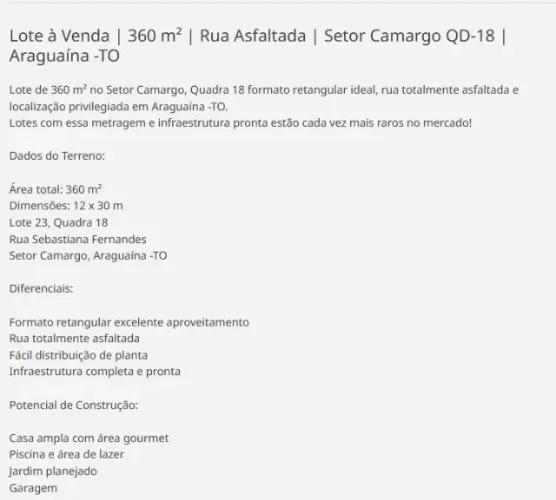 Terreno 360 m² Rua asfaltada por apenas 75 mil