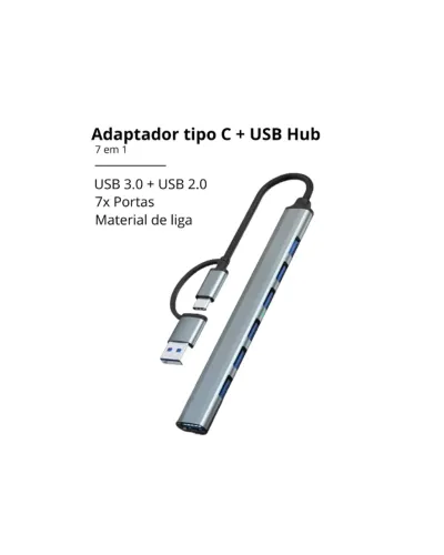 Adaptador Tipo-C + USB 7 em 1 - 1x USB 3.0 + 6x USB 2.0 (5Gbps)