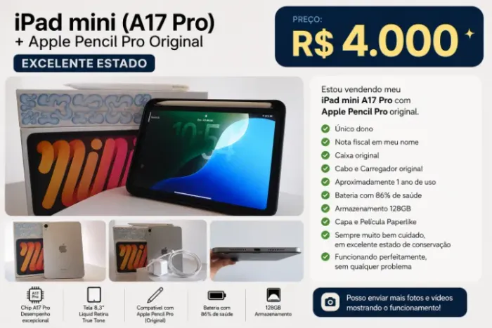 iPad mini (A17 Pro) + Apple Pencil Pro Original - Excelente Estado