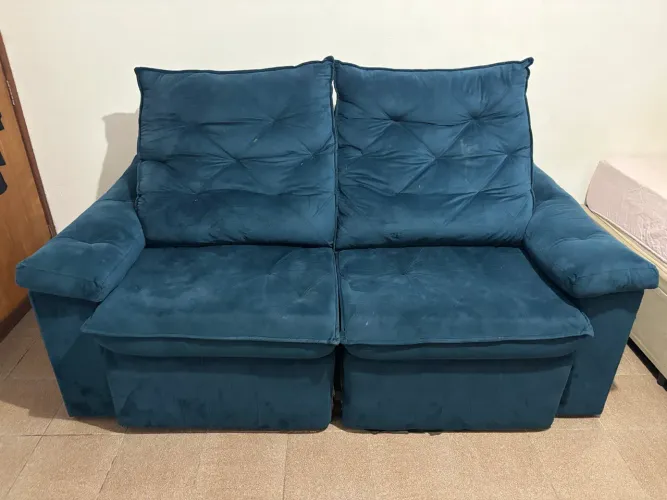 Sofá Retrátil e Reclinável 2 Lugares Veludo Azul