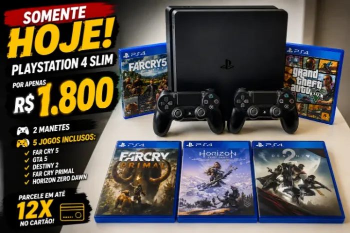 SOMENTE HOJE PS4 SLIM + 2 MANETES + 5 JOGOS