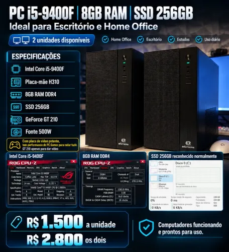 PC Completo i5-9400F | 8GB DDR4 | SSD 256GB | Pronto para Uso