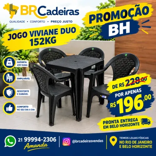 JOGO DE MESA C/ 4 POLTRONAS VIVIANE PRETA 154KG DUO