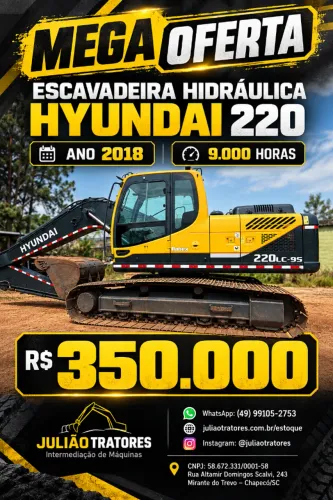 Escavadeira Hidráulica Hyundai 220 Ano 2018 9.000 Horas