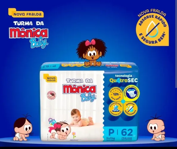 Fralda Turma da Mônica Baby Tamanho P com 62 unidades