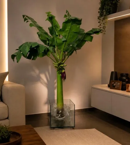 Cachepô de vidro com bananeira decorativa